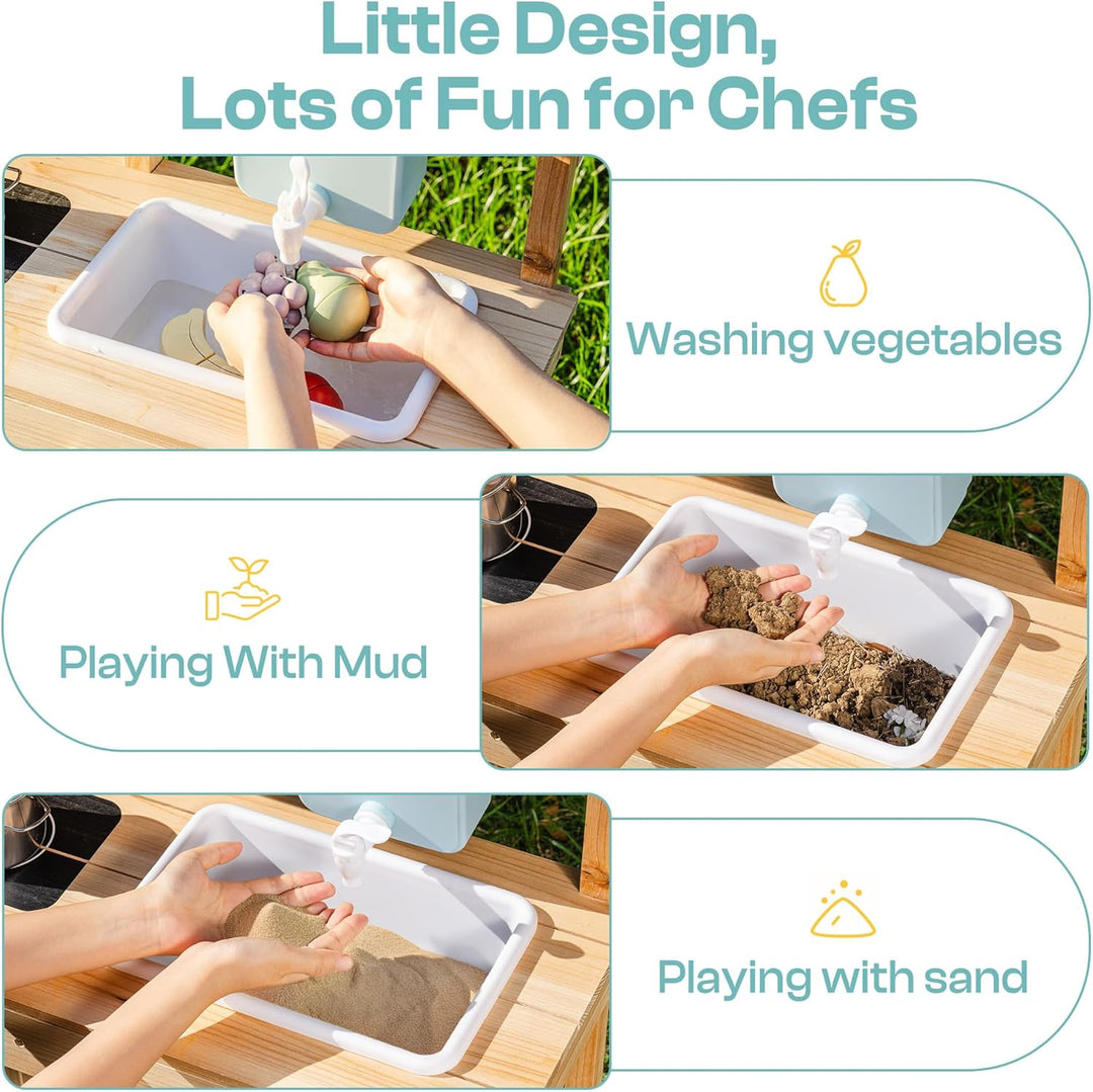 ROBUD Matschküche für Kinder Outdoor, Kinderküche Holz mit Echtem Wasserhahn & Wassertank, Gartenger