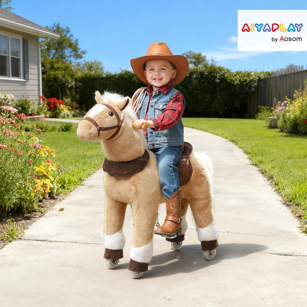 AIYAPLAY Reitpferd, Spielpferd zum Reiten mit Sattel Rollen, 80 cm Stehpferd, Plüschpferd für Kinder