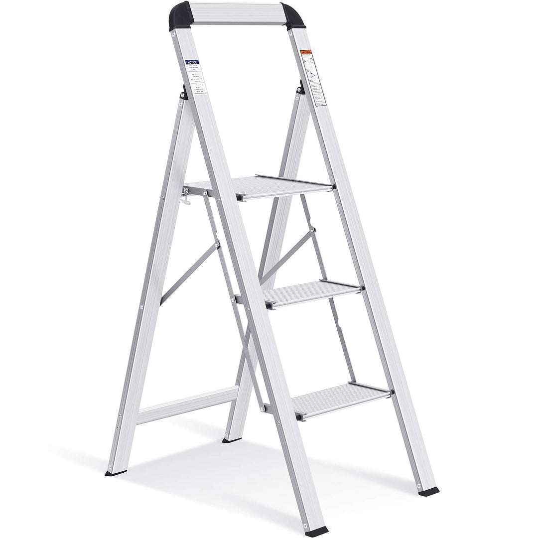 KINGRACK Stufenleiter, Trittleiter 3 Stufen, Klapptrittleiter mit Handlauf, rutschfeste Haushaltslei