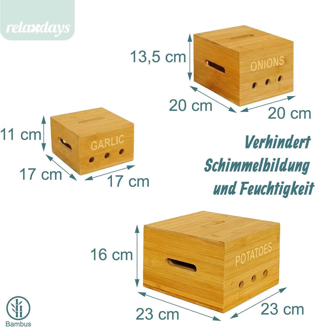 Relaxdays Aufbewahrungsboxen, 3 Grössen, Kartoffelaufbewahrungsbox, Zwiebelbox, Knoblauchbehälter, K