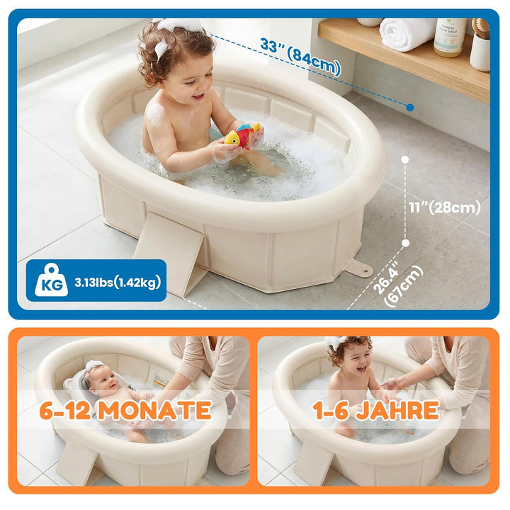 Orzbow Baby Badewanne, Faltbare Badewanne Kinder mit Aufblasbarem Oberrand, Tragbare Babybadewanne f
