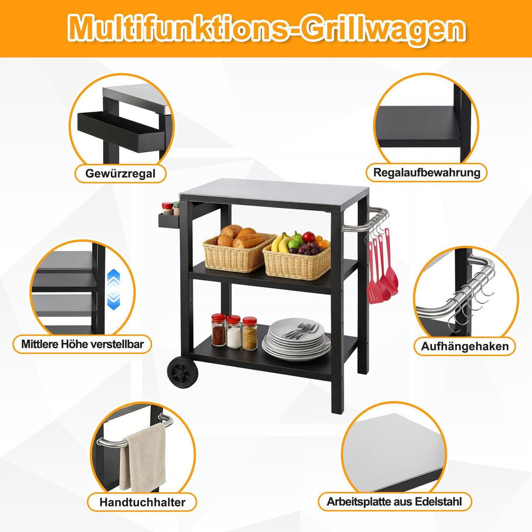 Grilltischwagen Outdoor, grilltisch | 2 Höhenverstellbare Ablagen, Gewürzregal &amp; Haken | 84x67x41cm