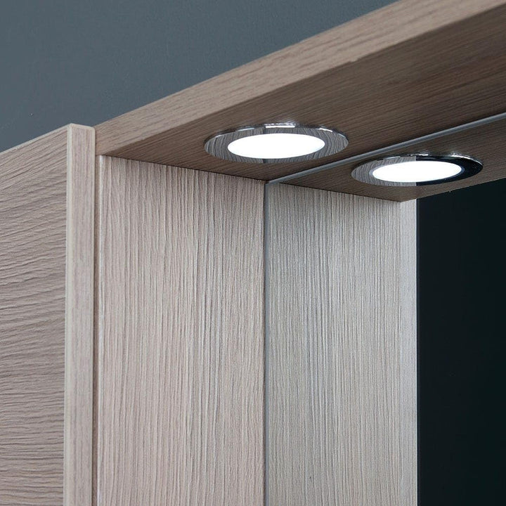 KIAMAMI VALENTINA Ablagespiegel mit Seitenschränken, Regal und LED-Strahlern 77cm Eiche Rauch