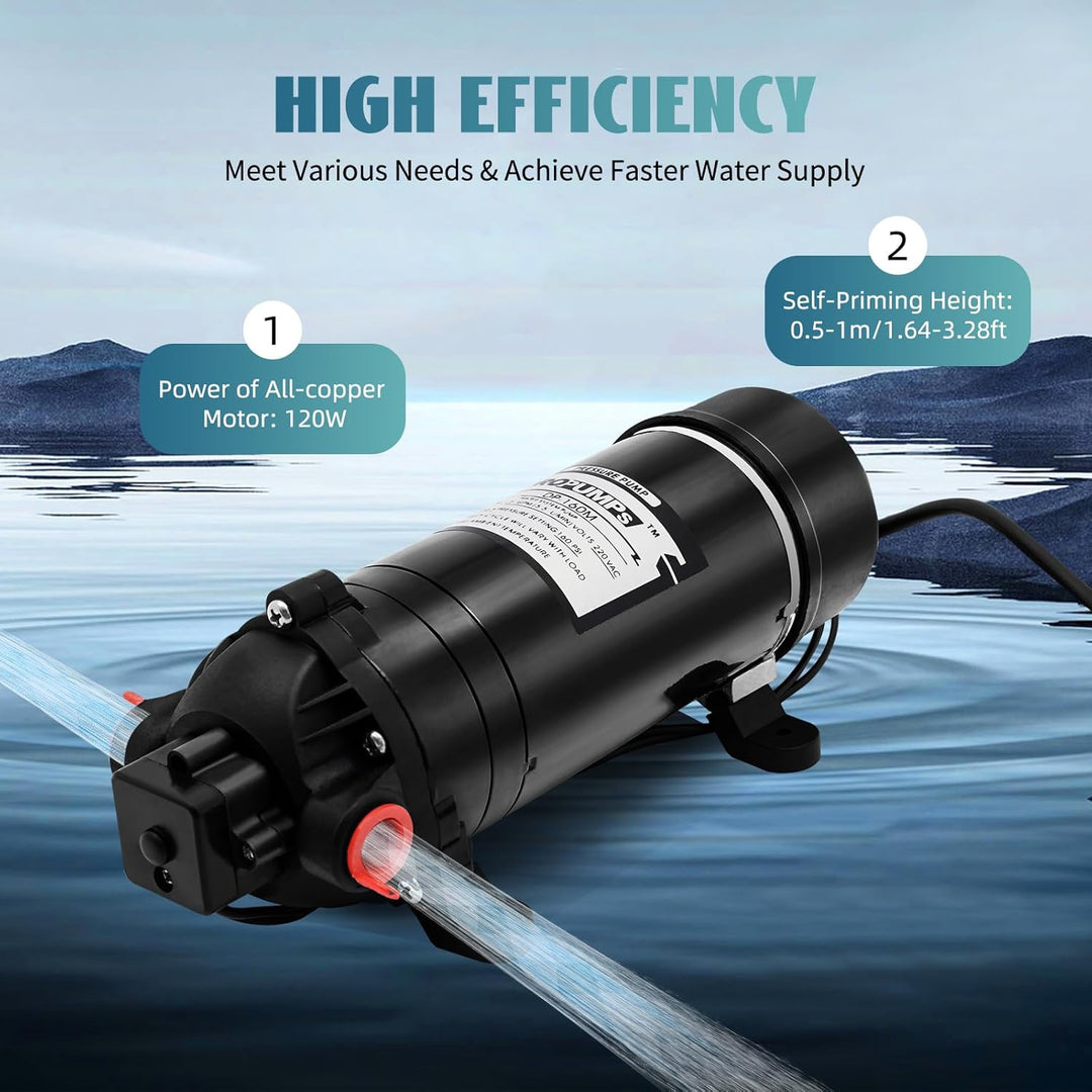 120W Selbstansaugende Wasserpumpe, 5.1–5.5 l/min Membranpumpe | mit Maximaler Betriebsdruck 80–90 ps
