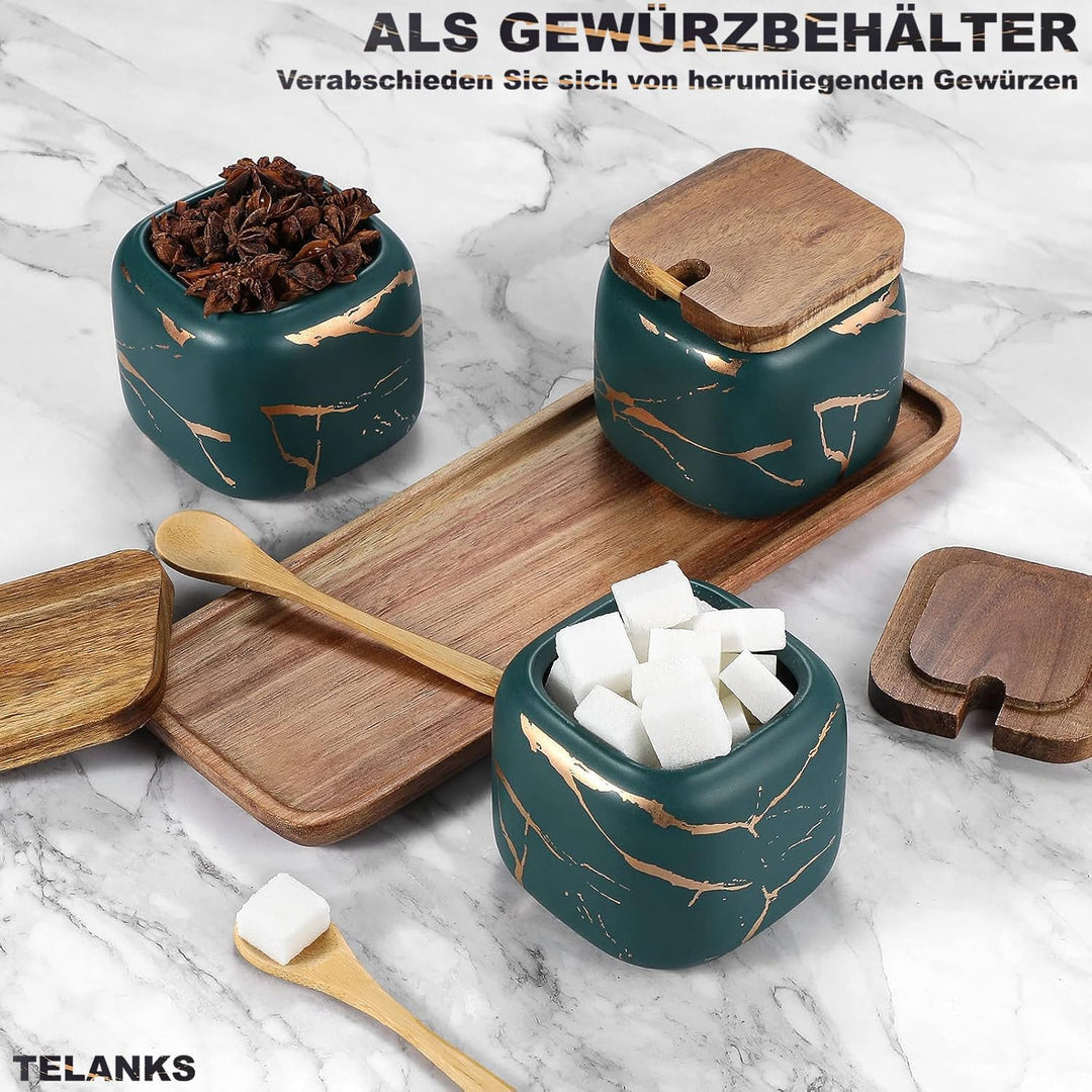 Gewürzgläser Set, 3 Stk Keramik Zuckerdose mit Deckel und Löffel Bambus für Haus und Küche, Alternat