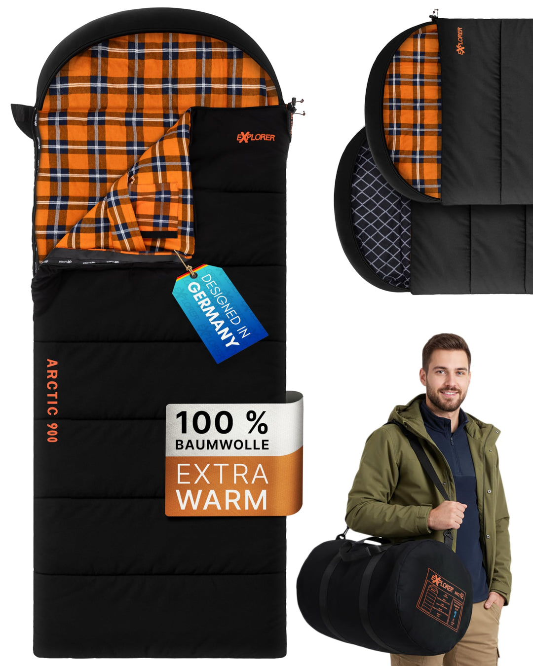 EXPLORER Arctic XXL Deckenschlafsack Winter -24°C Extrem – Camping Schlafsack aus 100% Baumwolle &amp; F