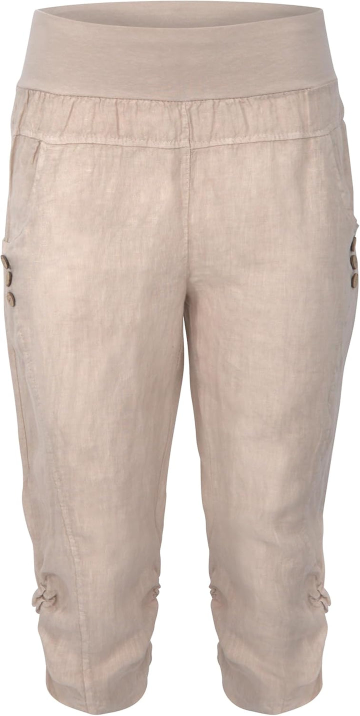 Malito Damen Hose aus Leinen | Stoffhose in Uni Farben | Freizeithose mit Knöpfen | Chino - Capri -