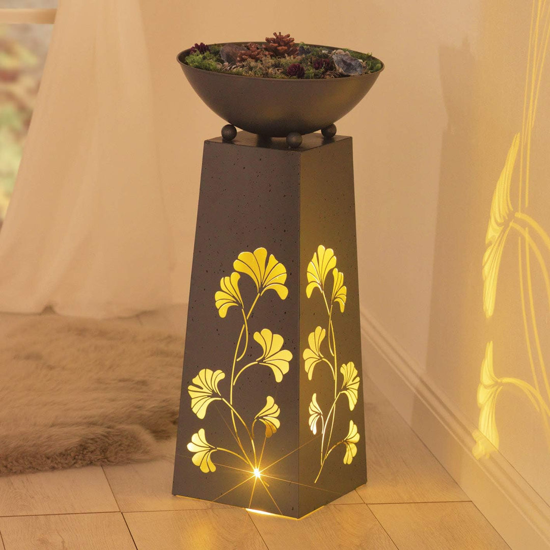 Hoberg LED Pflanzsäule Gingkoblätter-Design in Beton-Optik | Abnehmbare Pflanzschale (Ø 34cm) In- un