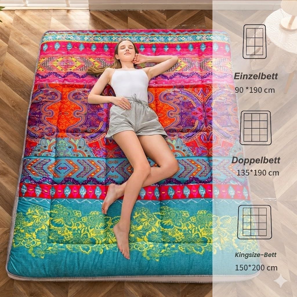MAXYOYO Böhmische Retro Futon Matratze - Vintage Blumenmuster japanische Bodenmatratze - rollbar ver