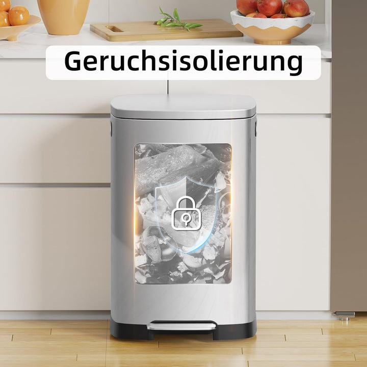 KSSKSS Mülleimer Küche, 50 Liter Edelstahl Abfalleimer, 50L Treteimer mit sanft schliessendem Deckel