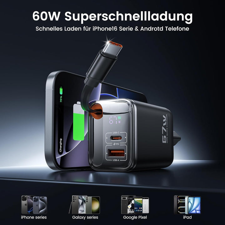 toocki USB C Ladegerät, 3Port GaN Mehrfach Ladegerät mit Schnell Einziehbares Ladekabel,67W USB C Ne
