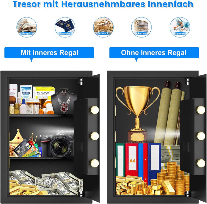 65L Grosser Feuerfester Tresor Safe mit Feuersichere Dokumententasche, Digitaler Möbeltresore mit 2