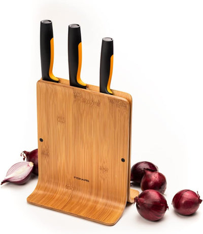 Fiskars Bambus Design-Messerblock mit 3 Messern, Functional Form, Inklusive Gemüsemesser, Santoku Ko