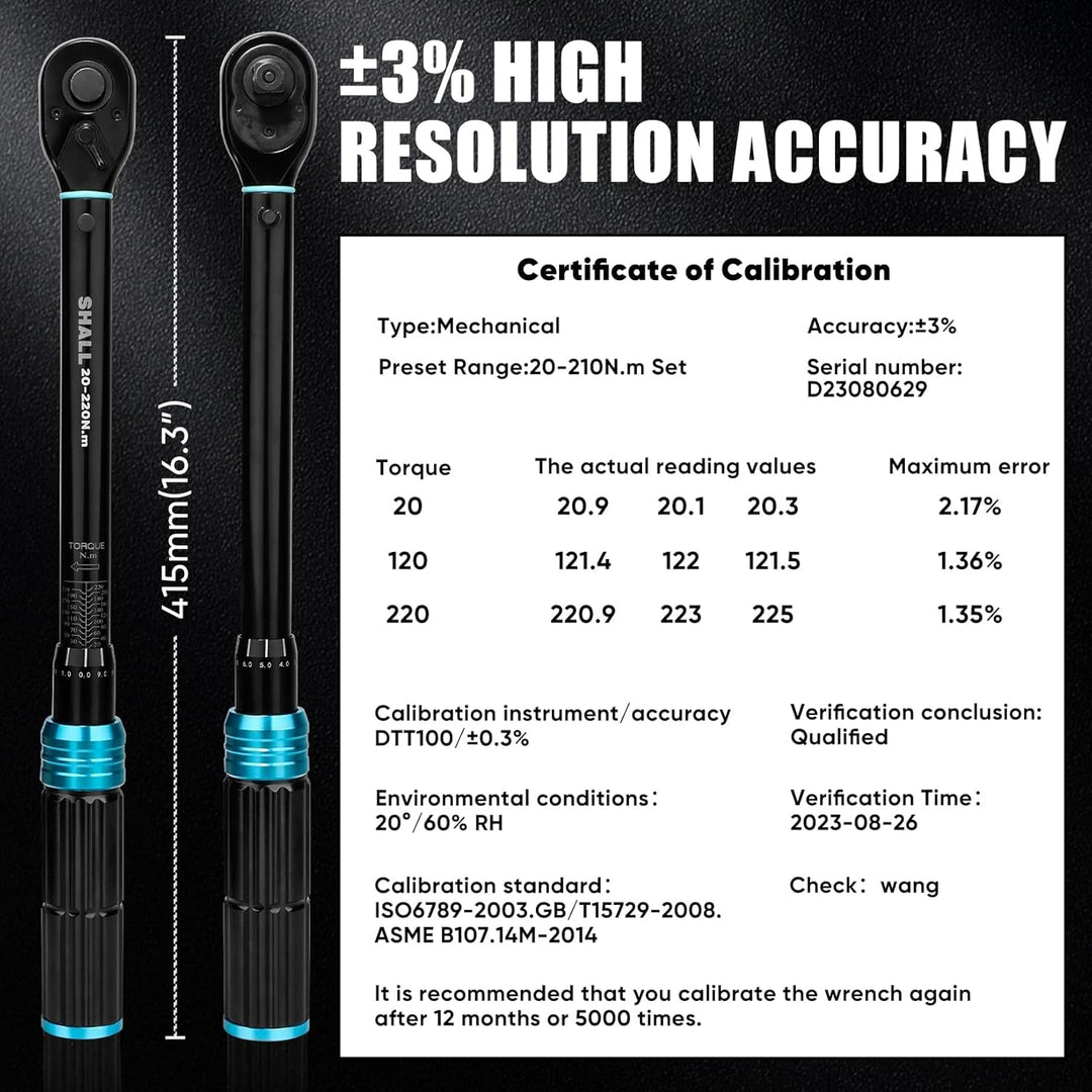 Shall 7-Piece 1/2" Torque Wrench Set, (20-220Nm), Suitable for car and motorcycle maintenance,With e