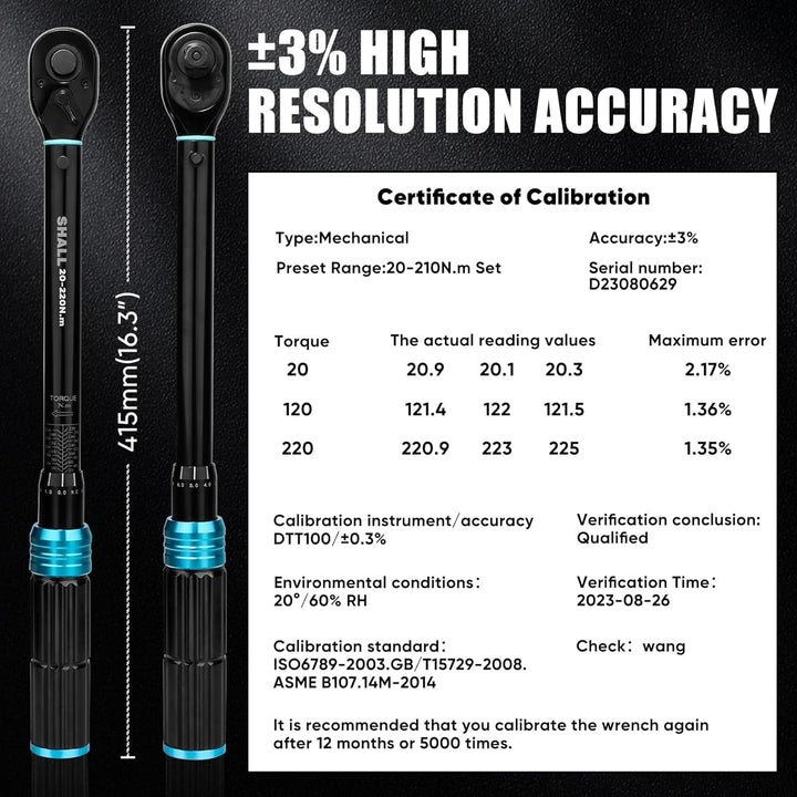 Shall 7-Piece 1/2" Torque Wrench Set, (20-220Nm), Suitable for car and motorcycle maintenance,With e
