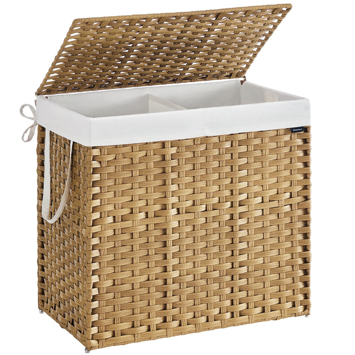 SONGMICS Wäschekorb 2 Fächern, Wäschesammler 160 L, Wäschebox aus synthetischem Rattan, mit Deckel u