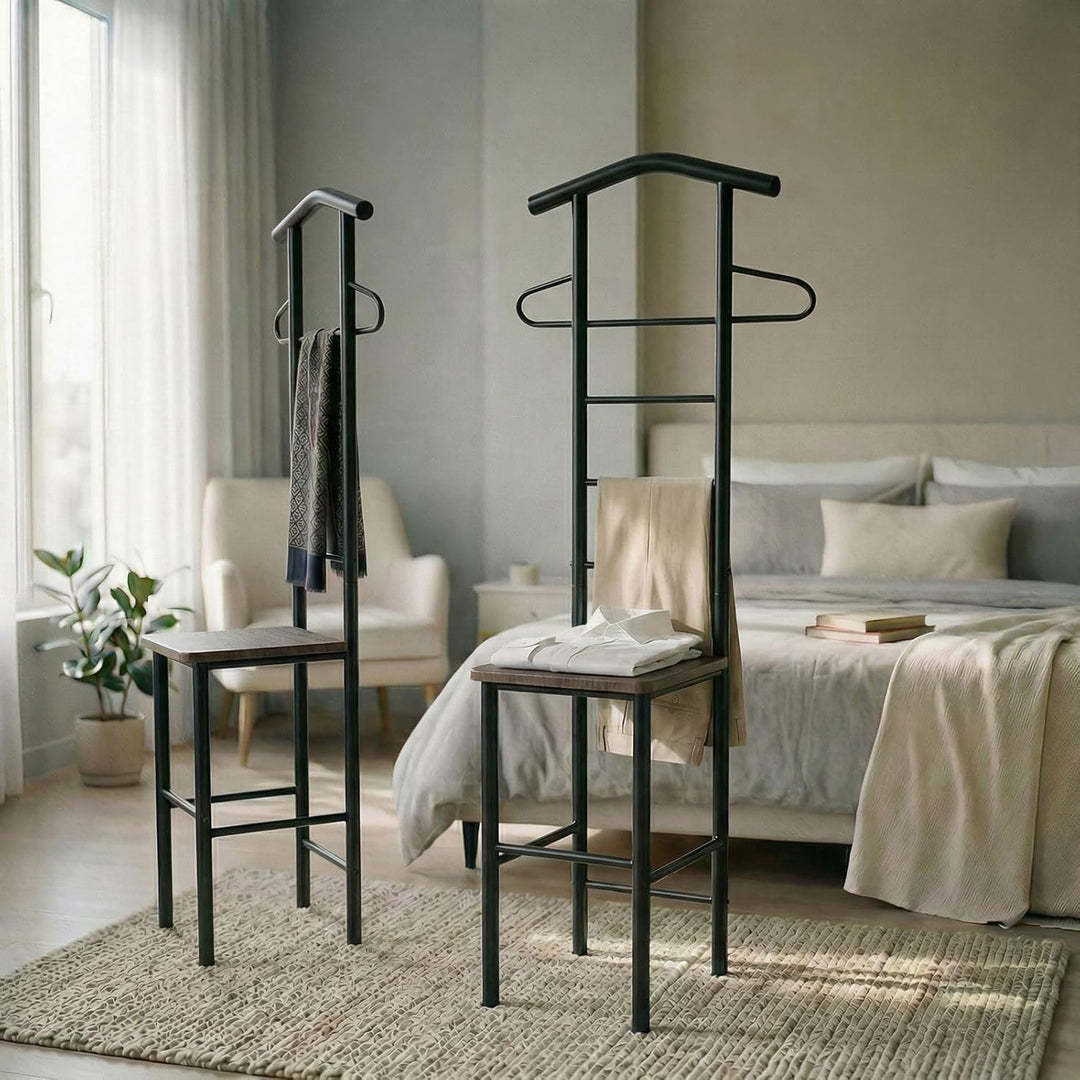 Herrendiener JIVO 2er Set, schwarz/braun – stummer diener mit ablage aus Metall und MDF, kleiderstän