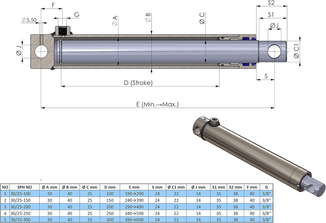 Hydraulik-Zylinder einfachwirkend mit Querbohrung (Ø 25, Hub mm : 200) Ø 25 Hub mm : 200, Ø 25 Hub m