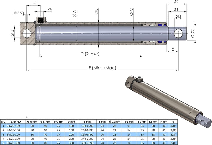 Hydraulik-Zylinder einfachwirkend mit Querbohrung (Ø 40, Hub mm : 250) Ø 40 Hub mm : 250, Ø 40 Hub m