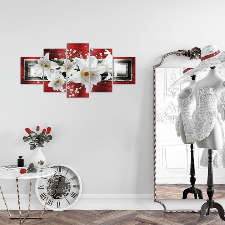 Runa Art Wandbilder Blumen Lilien 5 Teilig Bild auf Vlies Leinwand Deko Wohnzimmer Abstrakt Rot Grau