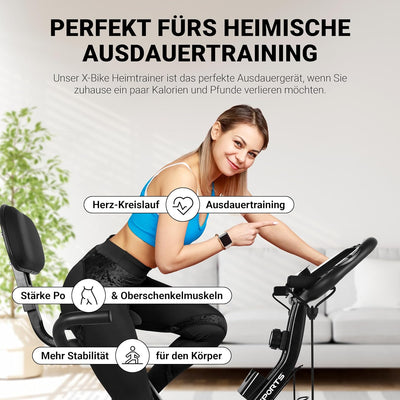 Fitness X-Bike Premium + Widerstandsbänder | Fahrradtrainer, Heimtrainer klappbar mit Rückenlehne, L