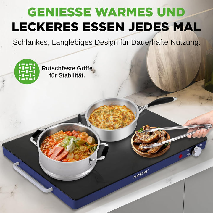 NutriChef Kochplatte elektrisch – Warmhalteplatte 54×42cm mit Temperaturregelung 60–110°C, 180W Warm