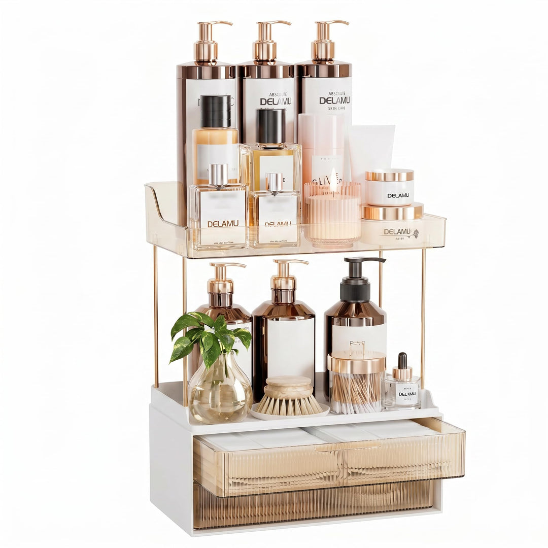 Delamu Make Up Organizer mit 2 Schubladen, 2 Etagen Kosmetik Organizer, Multifunktions Grösser Kosme