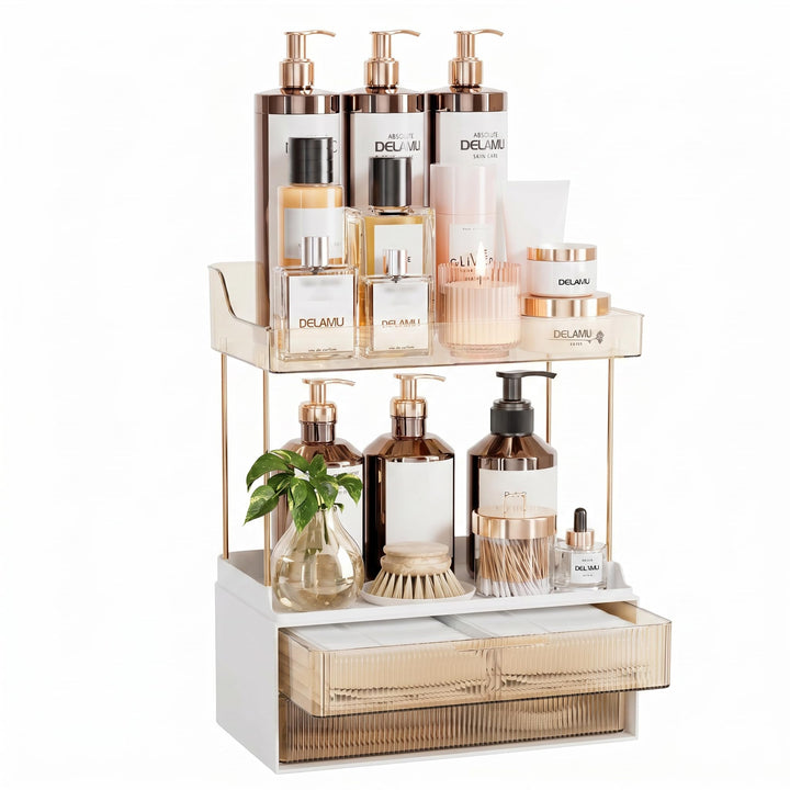 Delamu Make Up Organizer mit 2 Schubladen, 2 Etagen Kosmetik Organizer, Multifunktions Grösser Kosme