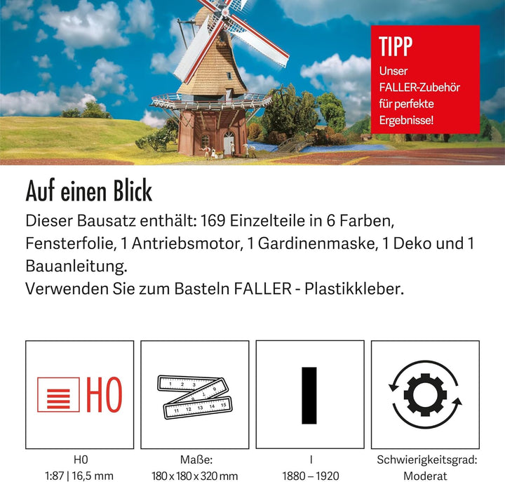 FALLER Windmühle Modellbausatz mit 169 Einzelteilen 180 x 180 x 320 mm I Modelleisenbahn Zubehör H0