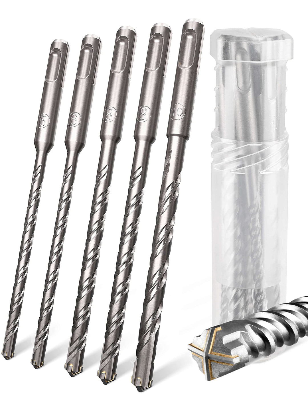 SDS Plus Bohrer Set | Hammerbohrer für Beton mit 4 Schneiden | in den Grössen 6,6,8,8,10 | Betonbohr