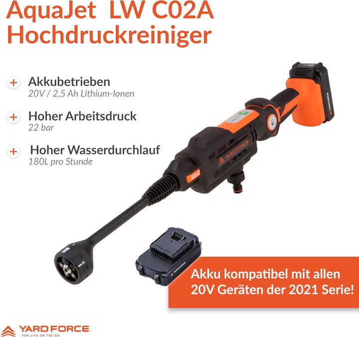 Yard Force AquaJet Akku-Hochdruckreiniger LW C02A für Bewässerung, Reinigung & Desinfektion, 20V / 2
