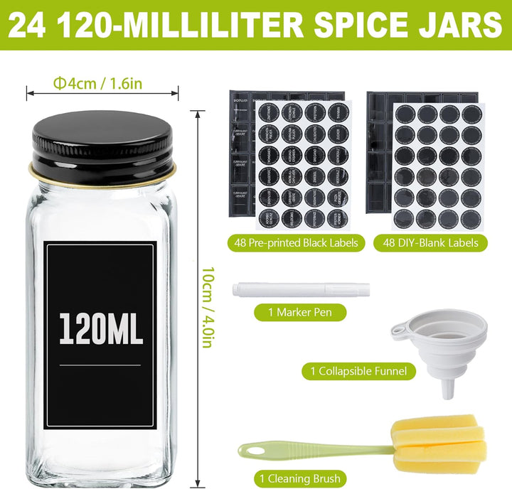 YRHome 24 Stück Gewürzgläser Eckig Set Gewürzglas Aus Glas Spice Jars 120ML Gewürzdosen Mit Etikette