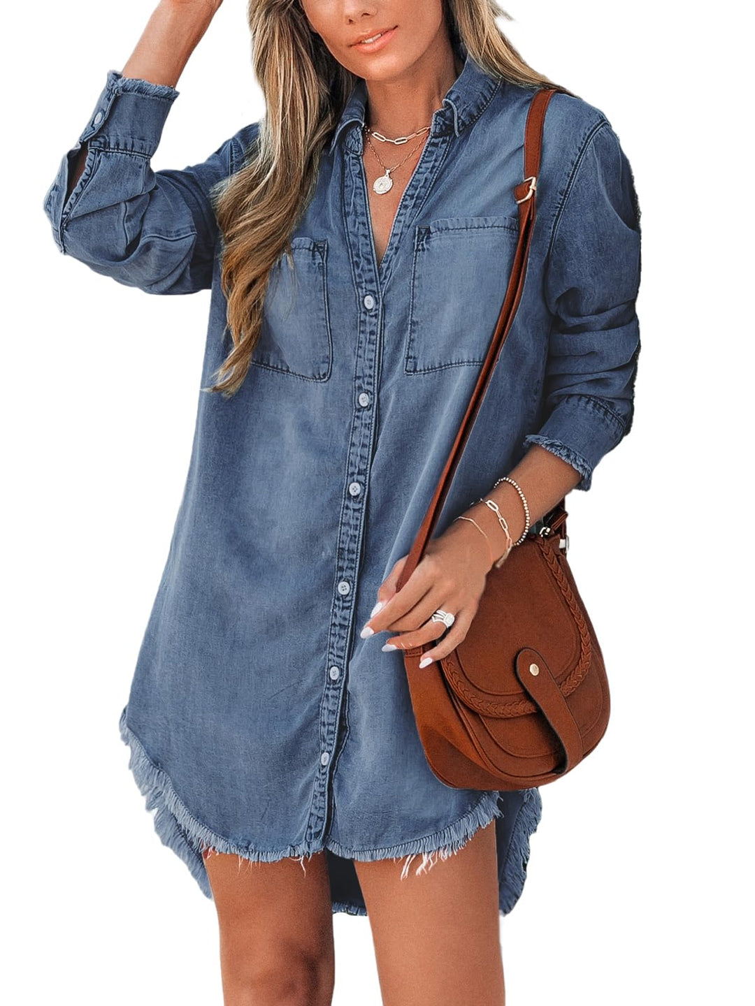 CUPSHE Damen Jeanshemd V Ausschnitt Knopfleiste Brusttaschen Asymmetrisch Jeansbluse Hemdblusen Deni