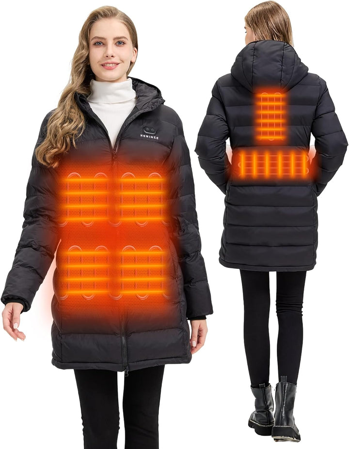 HEWINZE Beheizbare Jacke Damen Winter Mantel mit Kapuze Warmer Wasserdicht Lang Jacke Steppmantel Fe