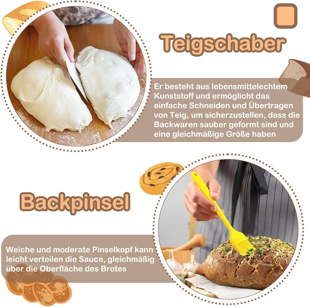HaWare Gärkörbchen, 23cm Gärkorb Rund Brot Set mit Futter, Bäckermesser, Teigschaber und Backpinsel,