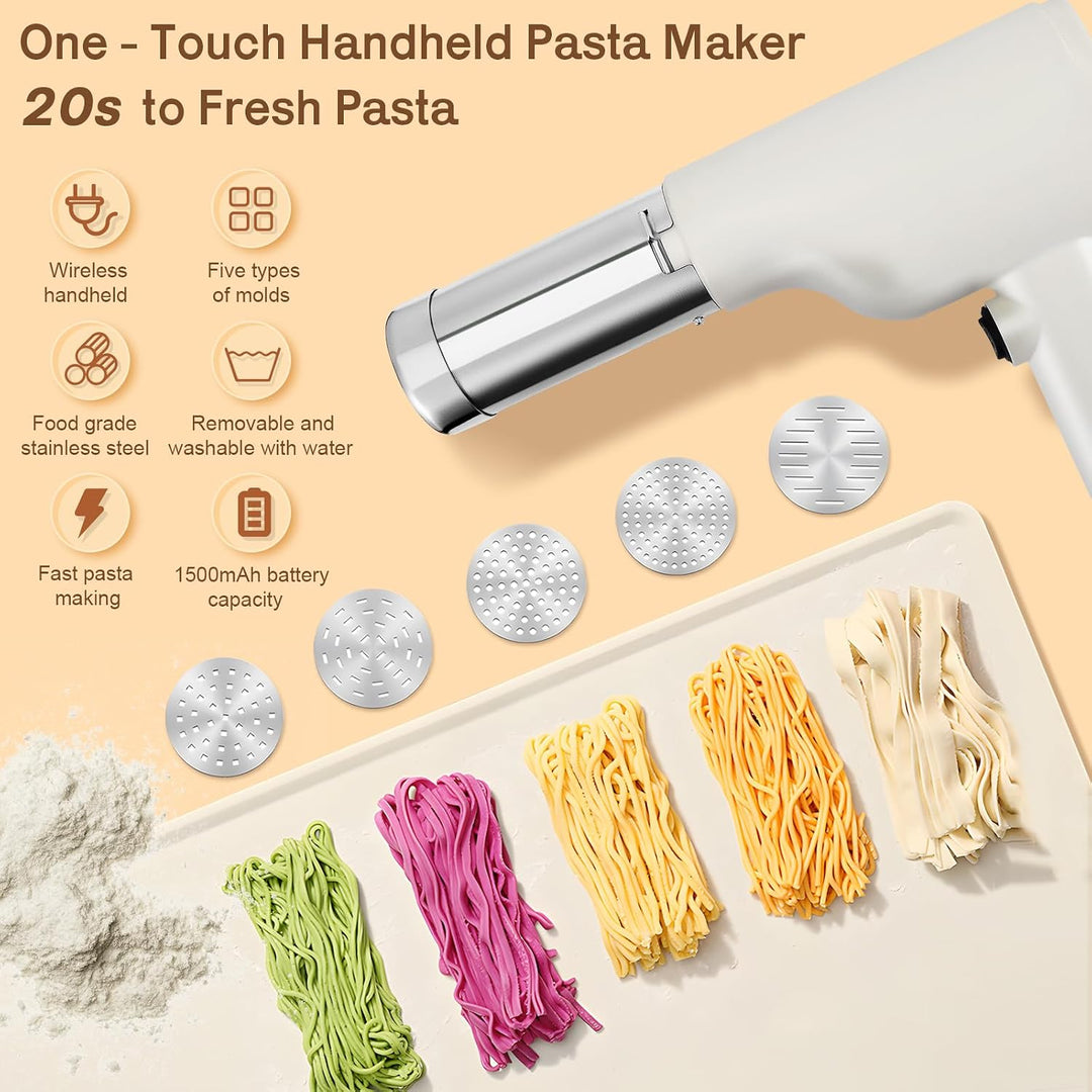 Cordless Handheld Noodle Maker, Portable Electric Pasta Machine with 5 Stainless Steel Molds, Lasagn