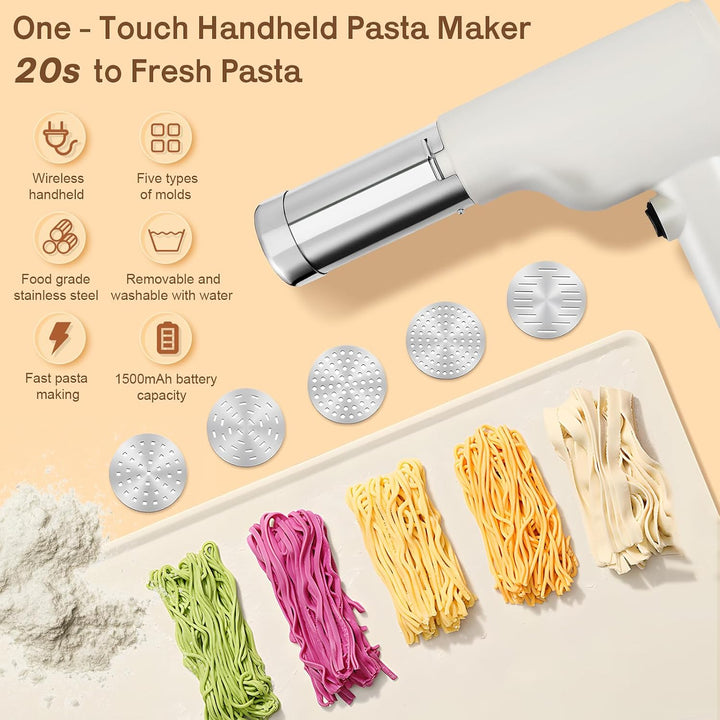 Cordless Handheld Noodle Maker, Portable Electric Pasta Machine with 5 Stainless Steel Molds, Lasagn