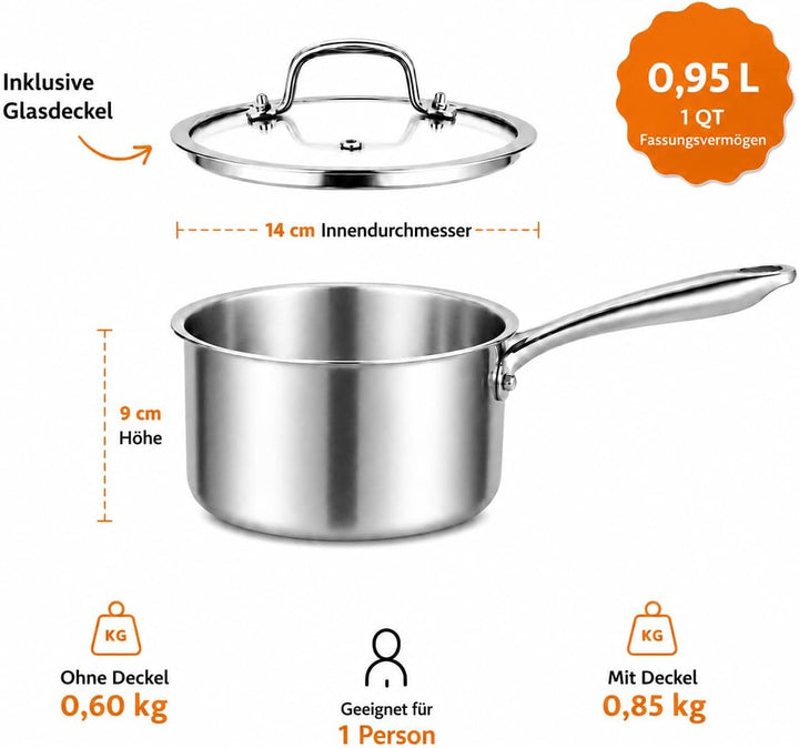 DELARLO Stielkasserolle 14 cm, 1 L Kochtopf mit Glasdeckel | Durchgehend 3-lagige Konstruktion, Glei