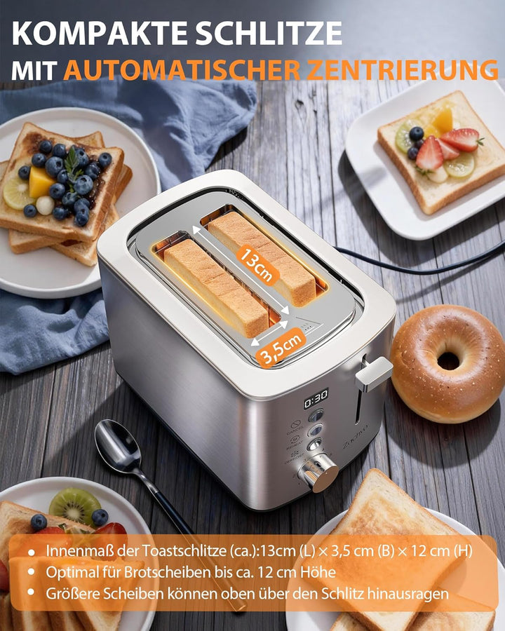 Edelstahl 2 Scheiben Toaster mit LED-Countdown & Brötchenaufsatz, extra breite 3,5 cm Schlitze für T