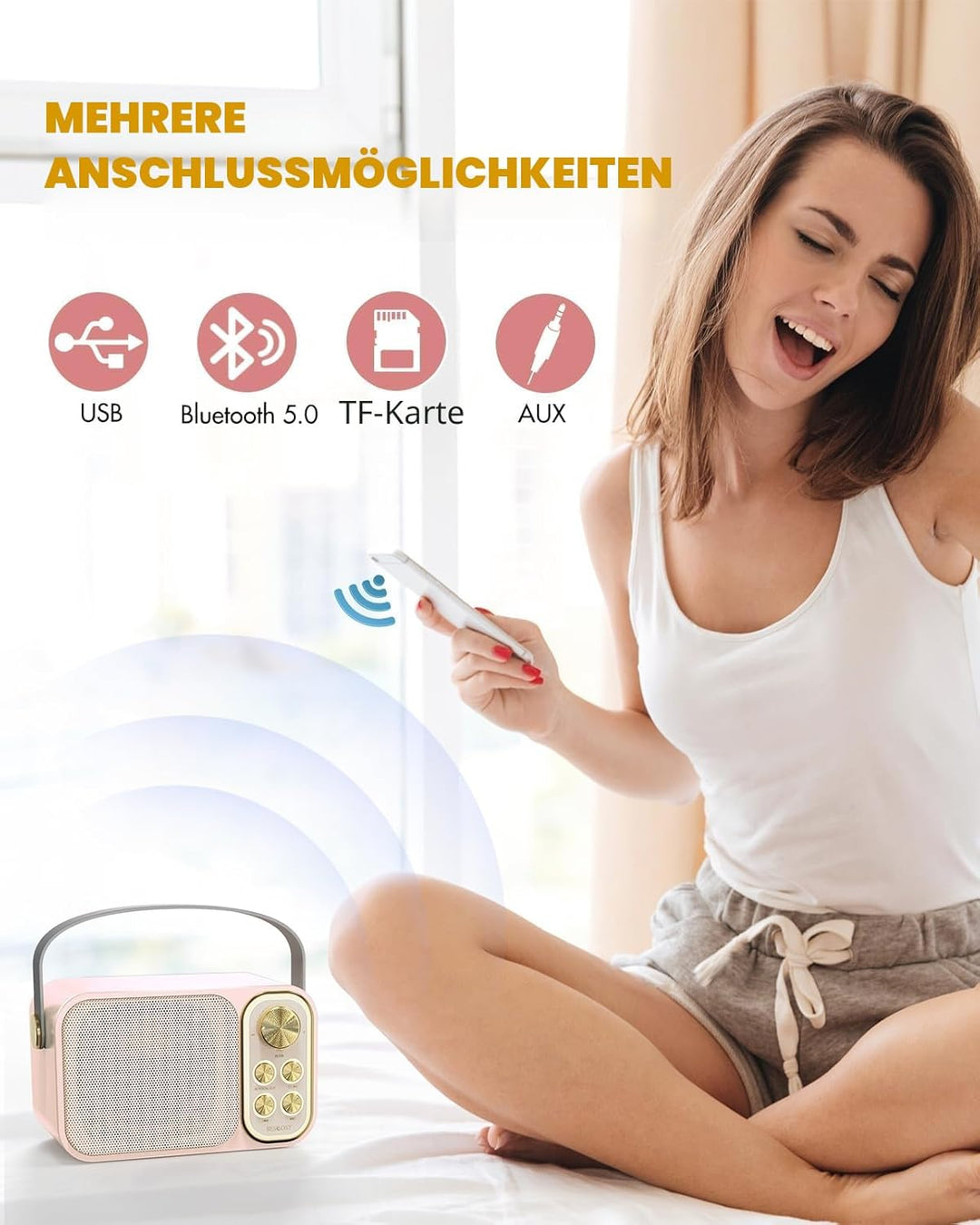 BESCOST Karaoke Maschine mit 2 Mikrofonen, Mini Karaoke Anlage mit 7 Stimmeffekten, tragbare Bluetoo