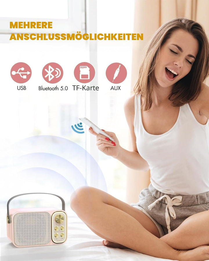 BESCOST Karaoke Maschine mit 2 Mikrofonen, Mini Karaoke Anlage mit 7 Stimmeffekten, tragbare Bluetoo