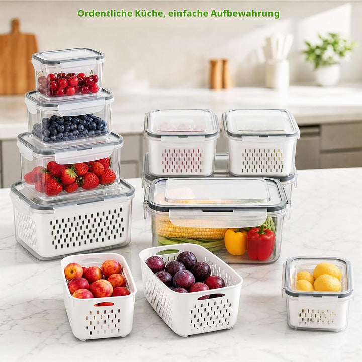 5er Set Frischhaltedosen Kunststoff für Obst Gemüse mit Deckel und Sieb | Stapelbare Kühlschrank Auf