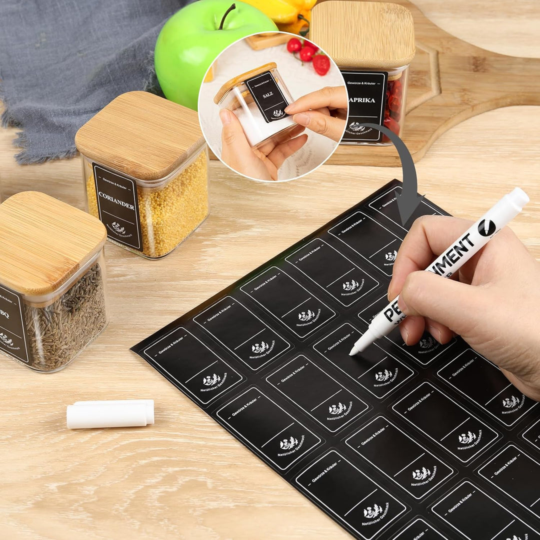 Gewürzgläser Eckig 12er Set,120ml Gewürz Organizer Gewürzdosen Set Bambusdeckel,Gewürzstreuer Glas G
