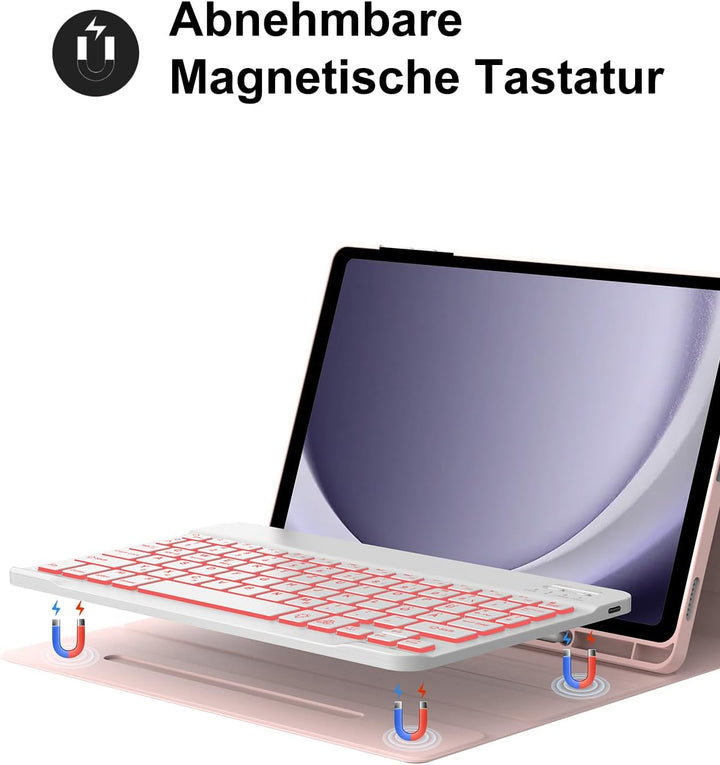 Hülle mit Tastatur für Samsung Galaxy Tab A9 Plus 11 Zoll 2023, 7 Farben Beleuchtung, QWERTZ Deutsch