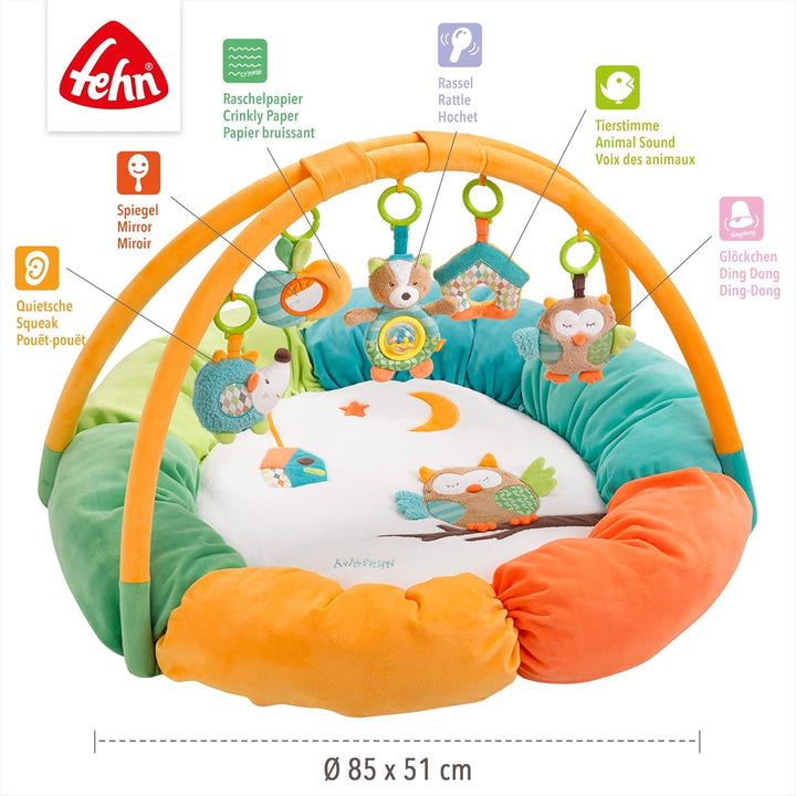 Fehn 071184 3-D-Activity-Nest Eule / Besonders weicher Spielbogen mit 5 abnehmbaren Spielzeugen für