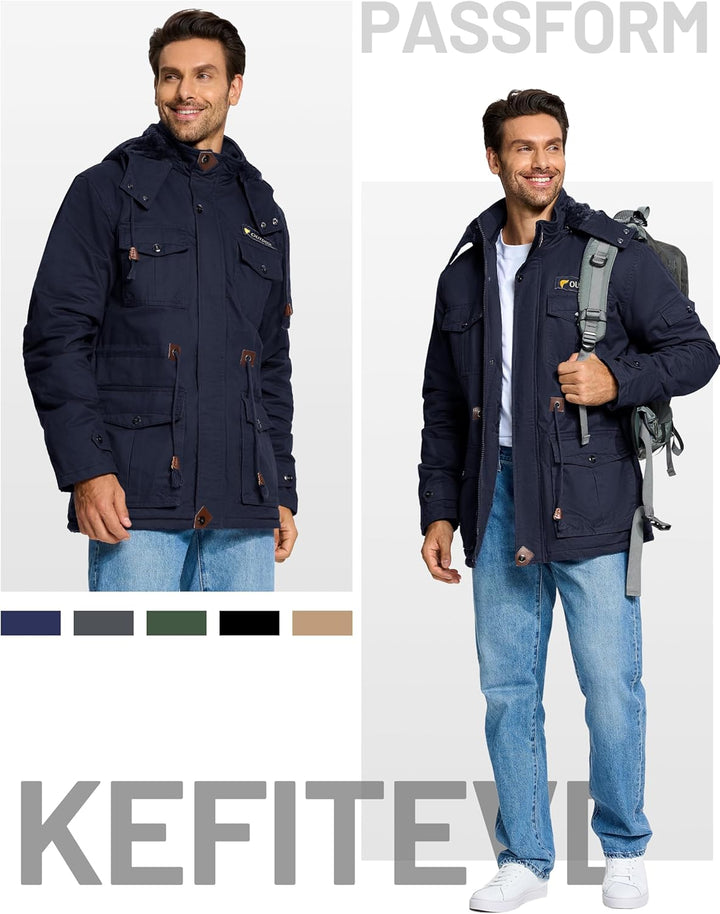 KEFITEVD Winterparka Herren Fleece Gefüttert Winterjacke mit Viele Taschen Kapuze Warm Winter Mantel