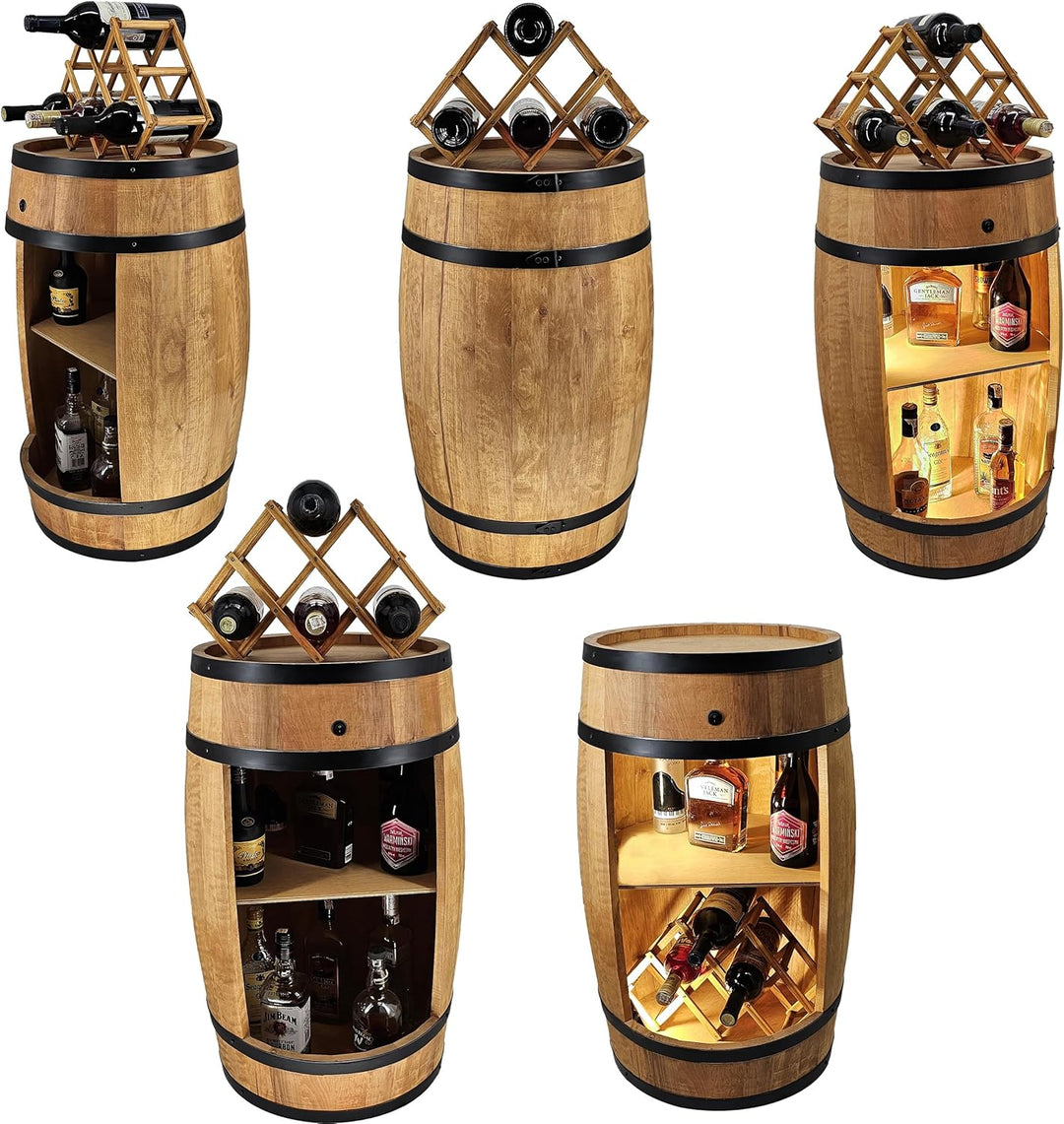 CREATIVE COOPER Fassbar LED mit Weinhalter - Weinregal - Holzfass Hausbar 80x50cm - Rustikaler deko