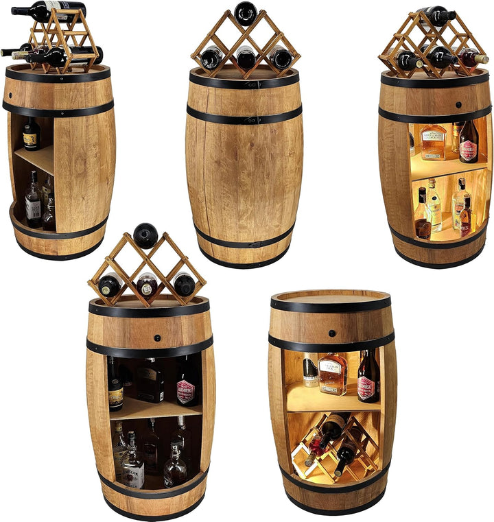 CREATIVE COOPER Fassbar LED mit Weinhalter - Weinregal - Holzfass Hausbar 80x50cm - Rustikaler deko
