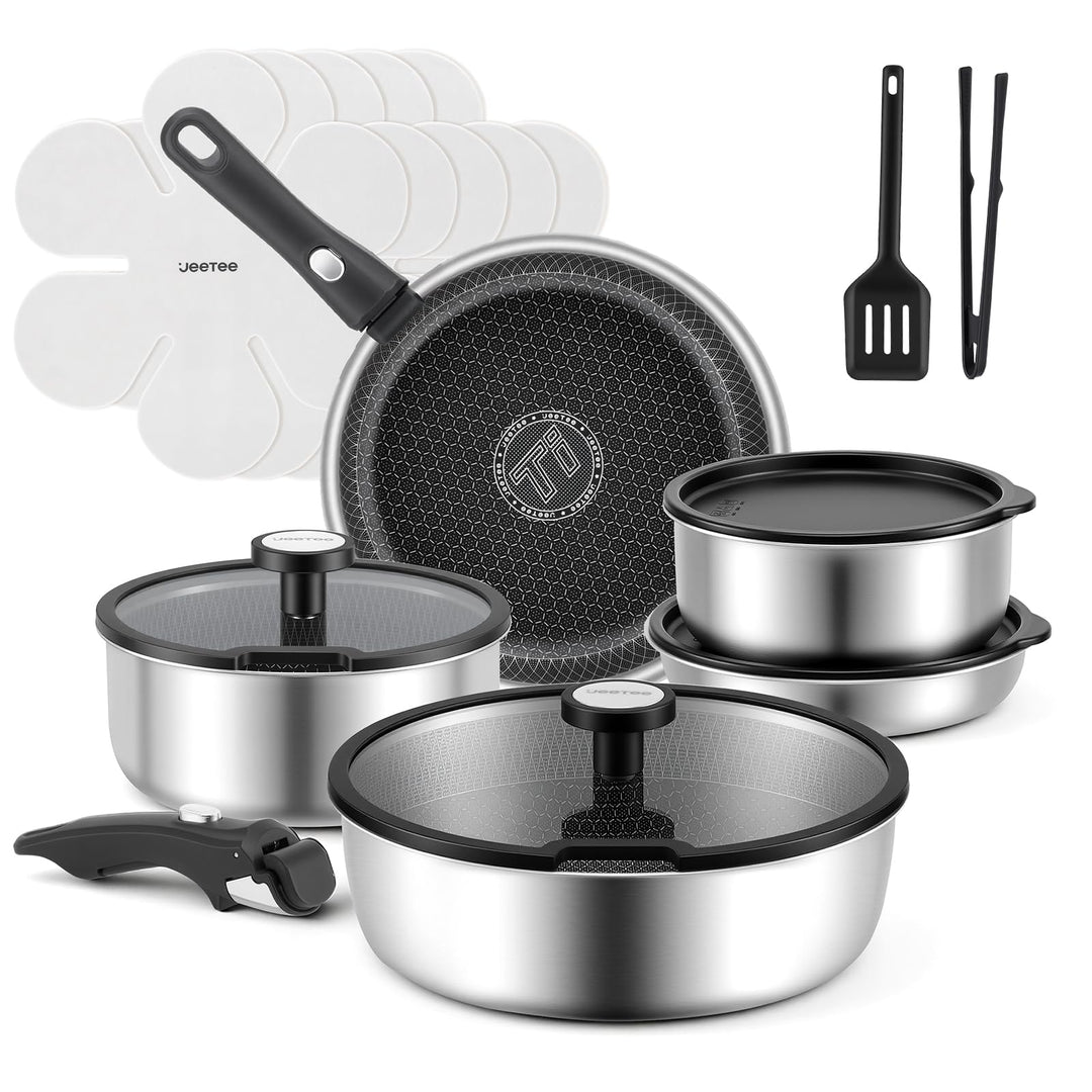 JEETEE Tri-Ply Edelstahl Topfset 18 Pcs, Kochtopf Set Antihaft mit abnehmbarem Griff, Hybrid Töpfe S