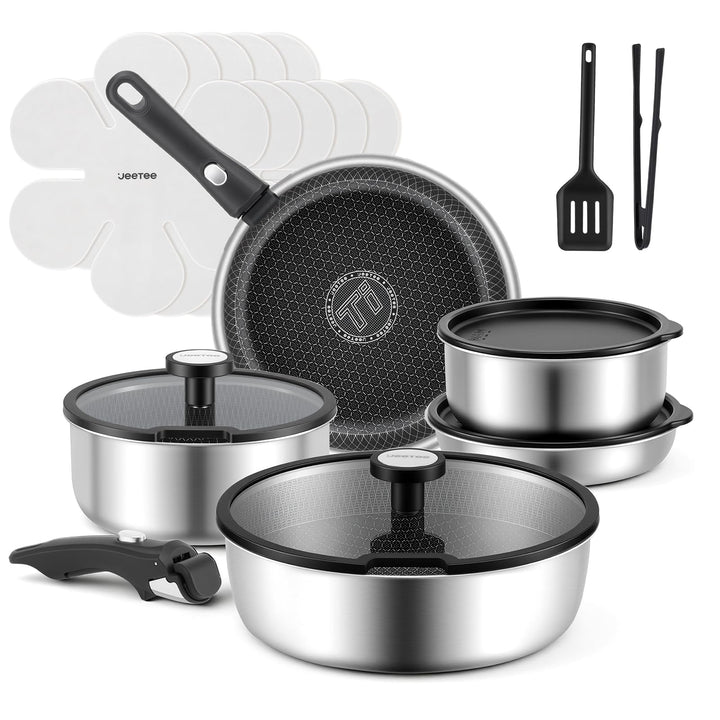 JEETEE Tri-Ply Edelstahl Topfset 18 Pcs, Kochtopf Set Antihaft mit abnehmbarem Griff, Hybrid Töpfe S